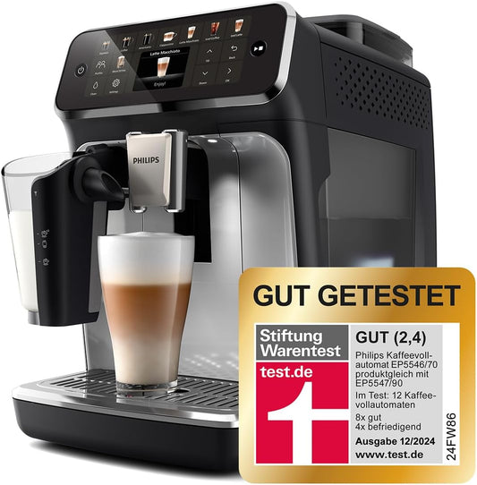 Serie 5500 (EP5546/70) Kaffeevollautomat – LatteGo Milchsystem, 20 heiße und kalte Kaffeespezialitäten, 40% leiser mit SilentBrew, QuickStart, Schwarz und Silber